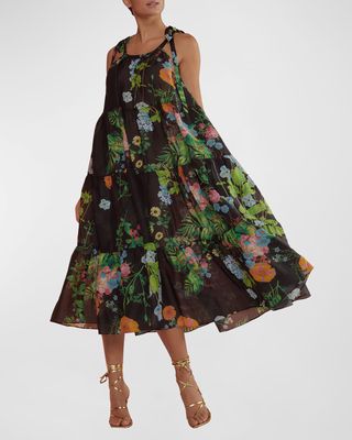 Sleeveless Tiered Floral-Print Midi Dress