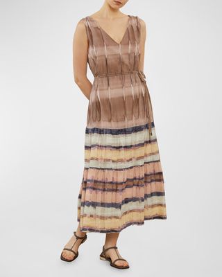 Sleeveless Tiered Watercolor-Print Maxi Dress