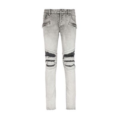 Slim cut ripped cotton jeans with synthetic leather panels