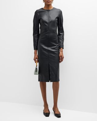 Slit-Hem Paneled Leather Midi Dress