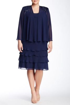 SLNY Embellished Tiered Dress with Jacket in Navy