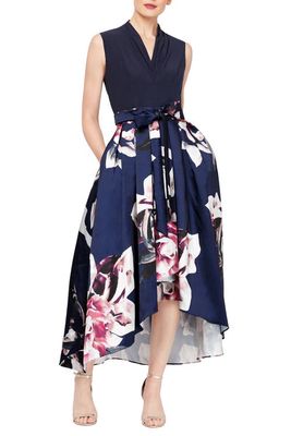SLNY Floral Pleated High-Low Dress in Navy Multi