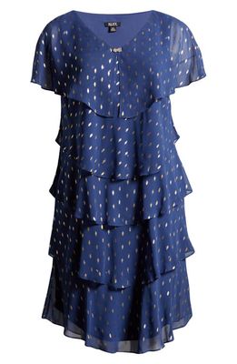 SLNY Foil Print Tiered Cocktail Dress in Wedgewood