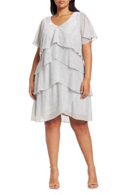 SLNY Shimmer Bodre Tiered Ruffle Dress in Sil