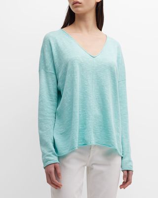 Slubby V-Neck Long-Sleeve Pullover