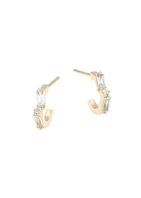 Small 14K Yellow Gold, Diamond & Blue Topaz Baguette Hoop Earrings