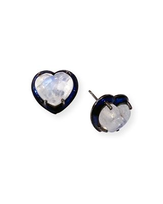 Small Enameled Heart Stud Earrings, Rainbow Moonstone