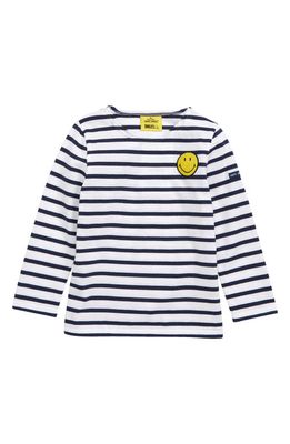 Smiley® x Saint James Kids' Smiley Patch Stripe Cotton T-Shirt in White /Navy