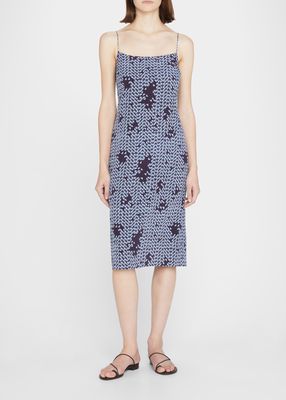 Smocked-Back Tile-Print Midi Slip Dress