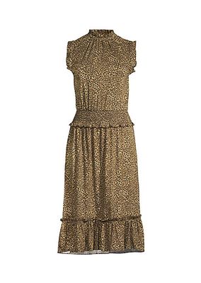Smocked Cheetah-Print Knee-Length Dress