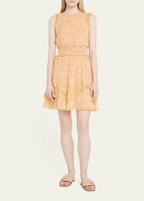 Smocked Floral-Print Ruffle-Trim Mini Dress