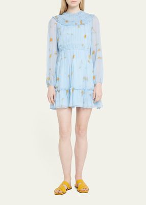 Smocked Floral-Print Silk Mini Dress