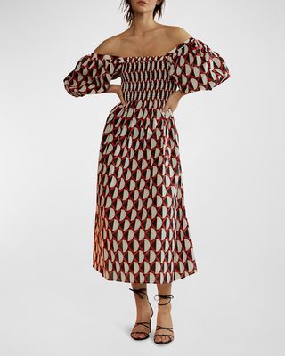 Smocked Off-Shoulder Geo-Print Midi Dress