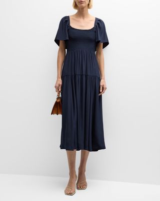 Smocked Short-Sleeve Midi Dress