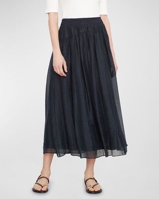 Smocked-Waist Midi Skirt with Pocket