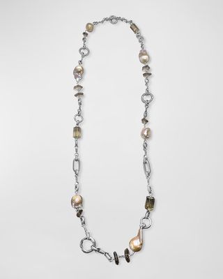 Smoky Quartz and Baroque Pearl Necklace in Sterling Silver