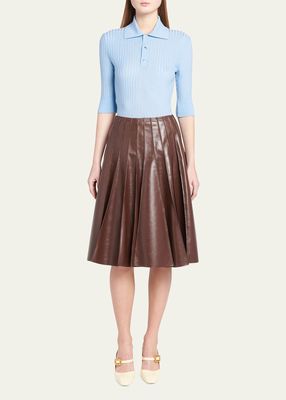Smooth Nappa Leather Plisse Midi Skirt