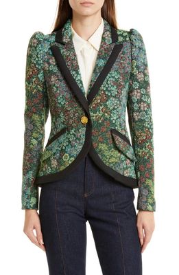 Smythe Floral Jacquard Puff Sleeve Blazer in Jade Tapestry With Black