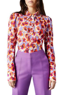 Smythe Floral Pleat Shoulder Button-Up Shirt in Lavender Multi