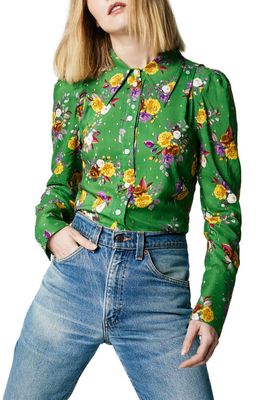 Smythe Floral Print Metallic Box Pleat Shirt in Kelly Green Multi