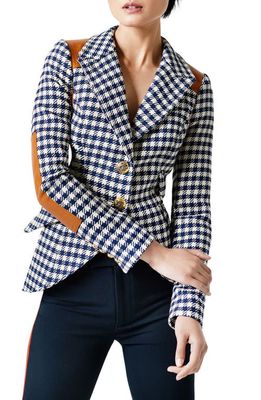 Smythe Leather Patch Houndstooth Equestrian Blazer in Nvy White Chck W/Crml Leather
