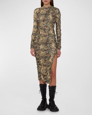 Snake-Print Long Sleeve Ruched Midi Dress