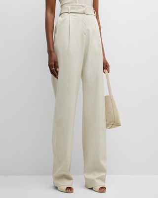 Snake-Textured Faux Leather Belted Straight-Leg Pants