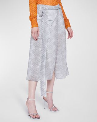 Snakeskin-Print Midi Wrap Trench Skirt