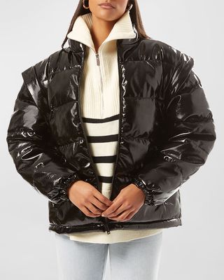 Snap-Off Sleeve Patent Faux Leather Puffer Jacket