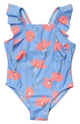 Snapper Rock Beach Bloom Ruffle Shoulder One-Piece Swimsuit in Blue