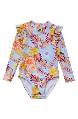 Snapper Rock Boho Tropical Ruffle Long Sleeve One-Piece Rashguard Swimsuit in Blue