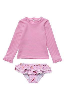 Snapper Rock Diving Diva Ruffle Two-Piece Rashguard Swimsuit in Pink