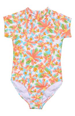 Snapper Rock Kids' Floral Short Sleeve One-Piece Rashguard Swimsuit in Coral Multi 