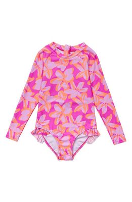 Snapper Rock Kids' Hibiscus Hype Floral Print Long Sleeve One-Piece in Pink