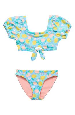 Snapper Rock Kids' Lemon Drops Puff Sleeve Knot Front Two-Piece Swimsuit in Blue Multi