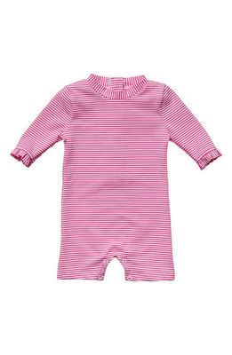 Snapper Rock Raspberry Stripe Three-Quarter Sleeve One-Piece Rashguard Swimsuit in Pink