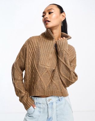 SNDYS cable knit wool mix half zip sweater in camel-Brown