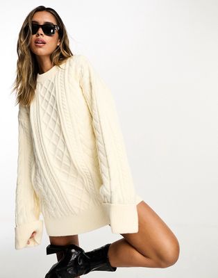 SNDYS cable knit wool mix mini sweater dress in cream-White