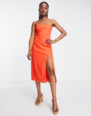 SNDYS linen midi dress with thigh split in tangerine-Orange