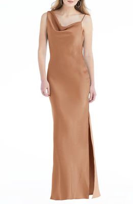 Social Bridesmaids Asymmetric One-Shoulder Satin Column Gown in Toffee