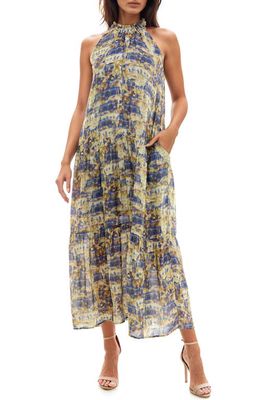 Socialite Abstract Print Sleeveless Maxi Dress in Blue/Tan 