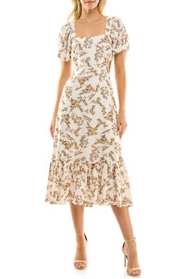 Socialite Cutout Puff Sleeve Midi Dress in Cream Brown Floral