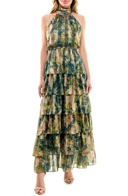 Socialite Floral Print Sleeveless Tiered Maxi Dress in Olive Mauve