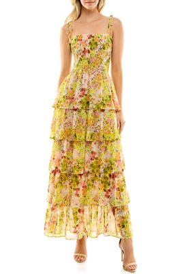 Socialite Floral Print Smocked Tiered Maxi Dress in Yellow Cluster Floral