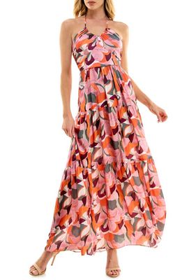 Socialite Geo Print Tiered Halter Maxi Dress in Pink-Multi Abstract Print