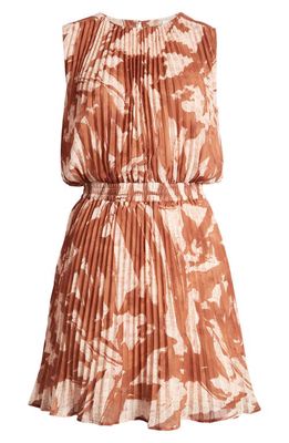 Socialite Pleated Sleeveless Minidress in Brown Multi Print