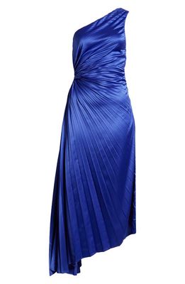 Socialite Print Asymmetric Hem Pleated Maxi Dress in Royal Blue