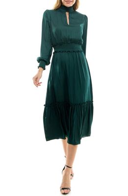 Socialite Smocked Long Sleeve Satin Midi Dress in Evergreen