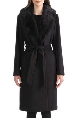 Sofia Cashmere Belted Genuine Shearling Trim Coat in Black