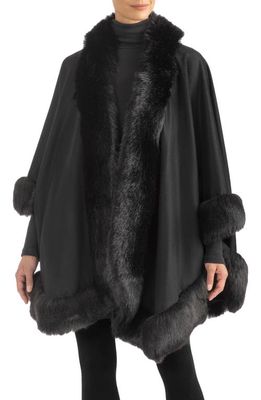 Sofia Cashmere Faux Fur Trim Cashmere Wrap in Black